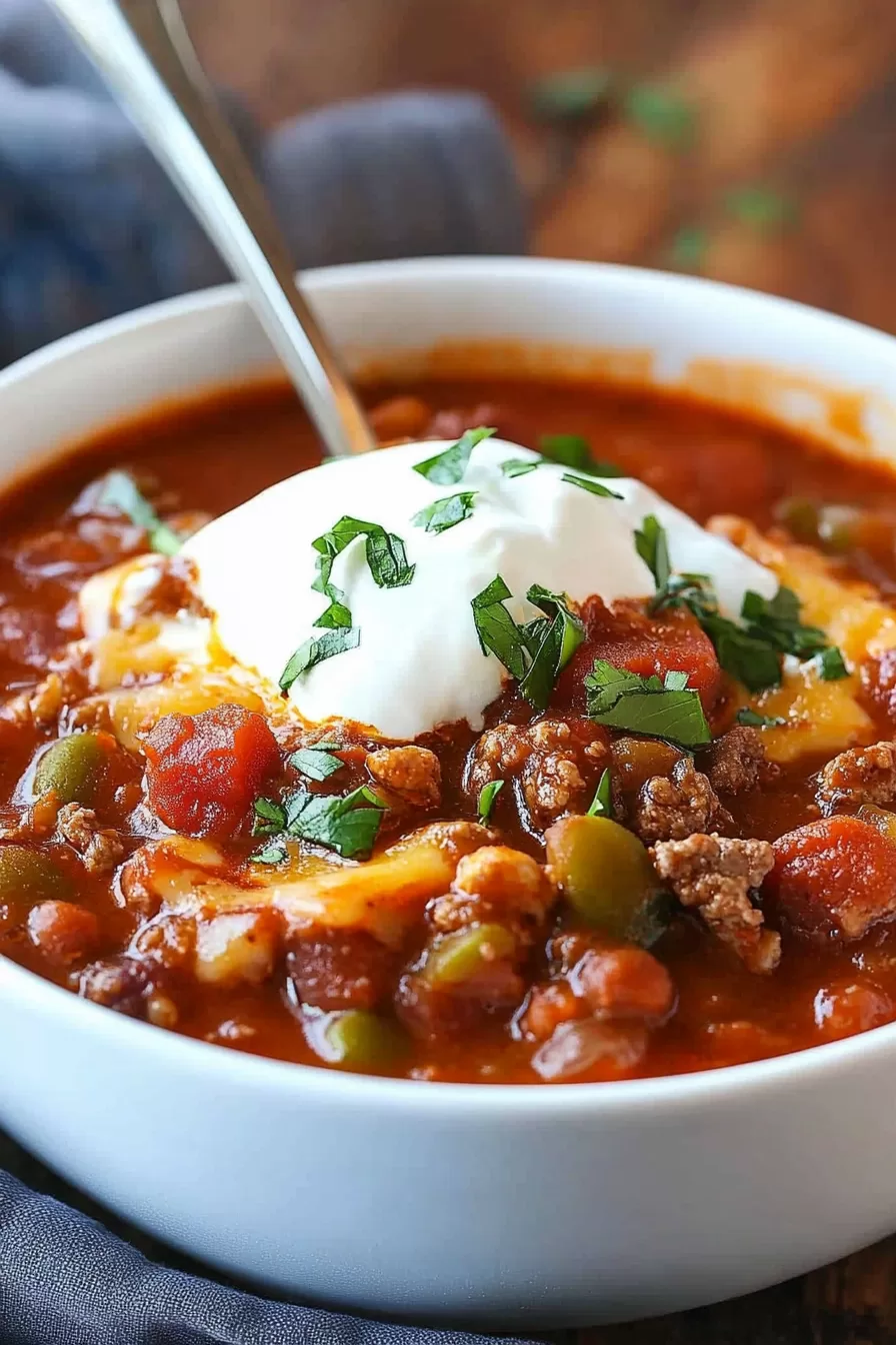 Hearty bowl of chili featuring beef, chorizo, and beans, with a sprinkle of fresh herbs on top.