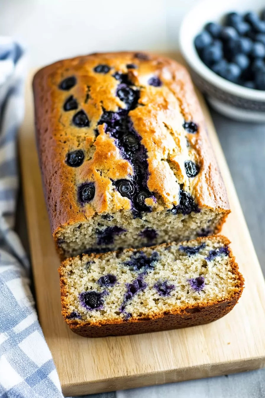 Close-up of a moist slice with visible blueberries baked inside.