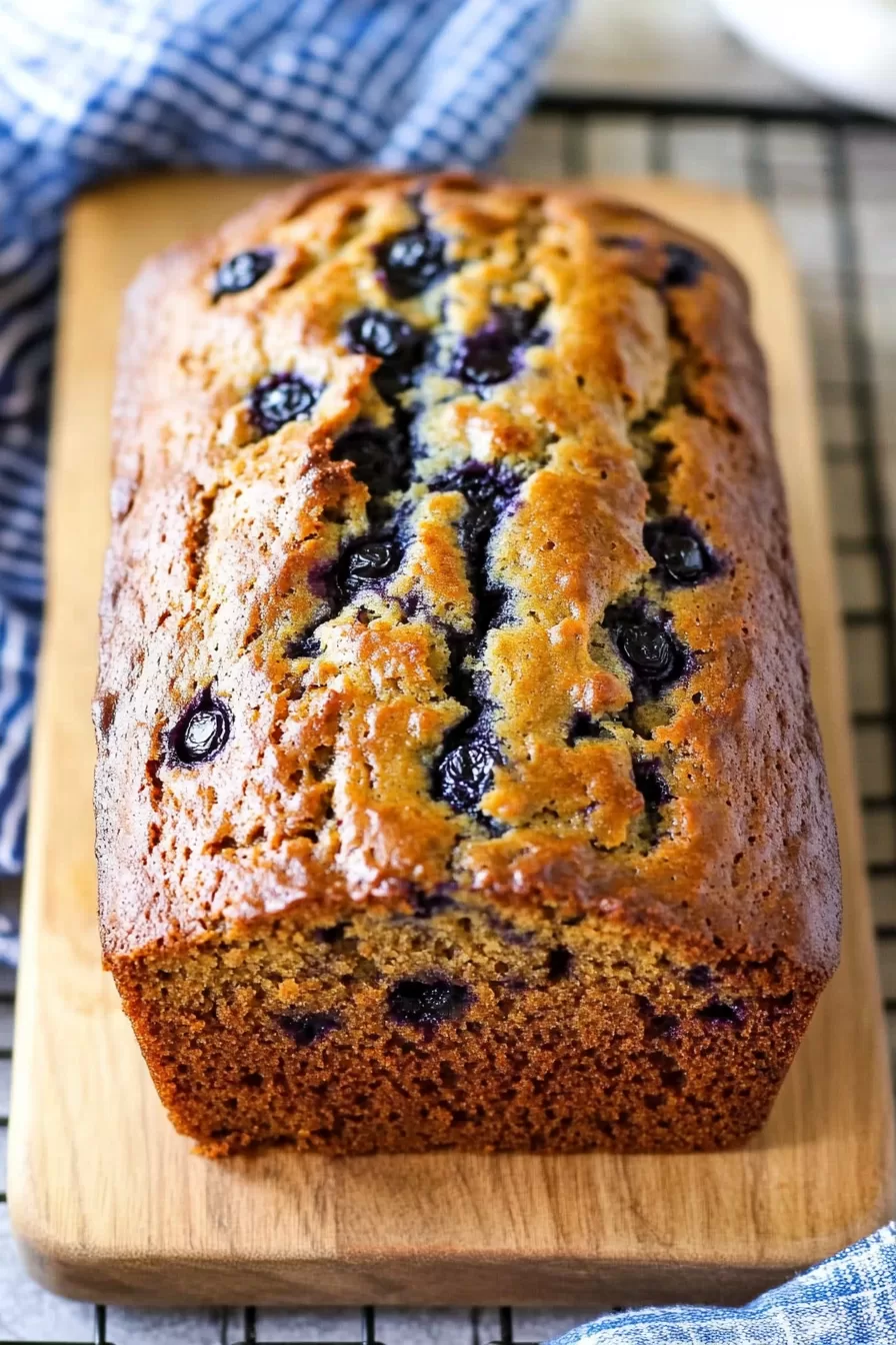 A loaf with a golden crust and juicy berries peeking through.