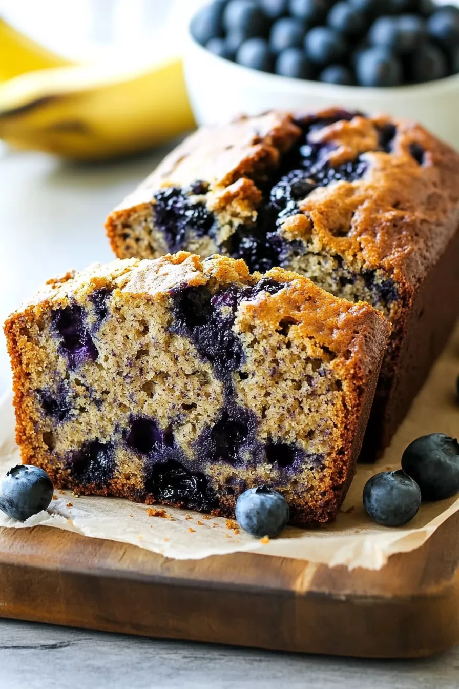 A baked loaf sliced to show a tender, fruity interior.