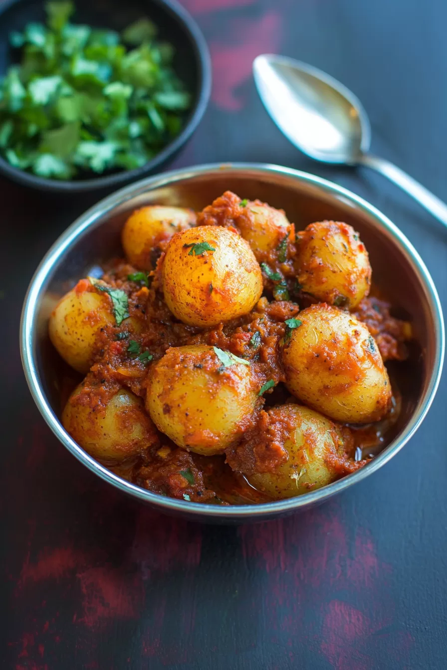 Spicy Bombay potatoes served with fresh cilantro garnish.