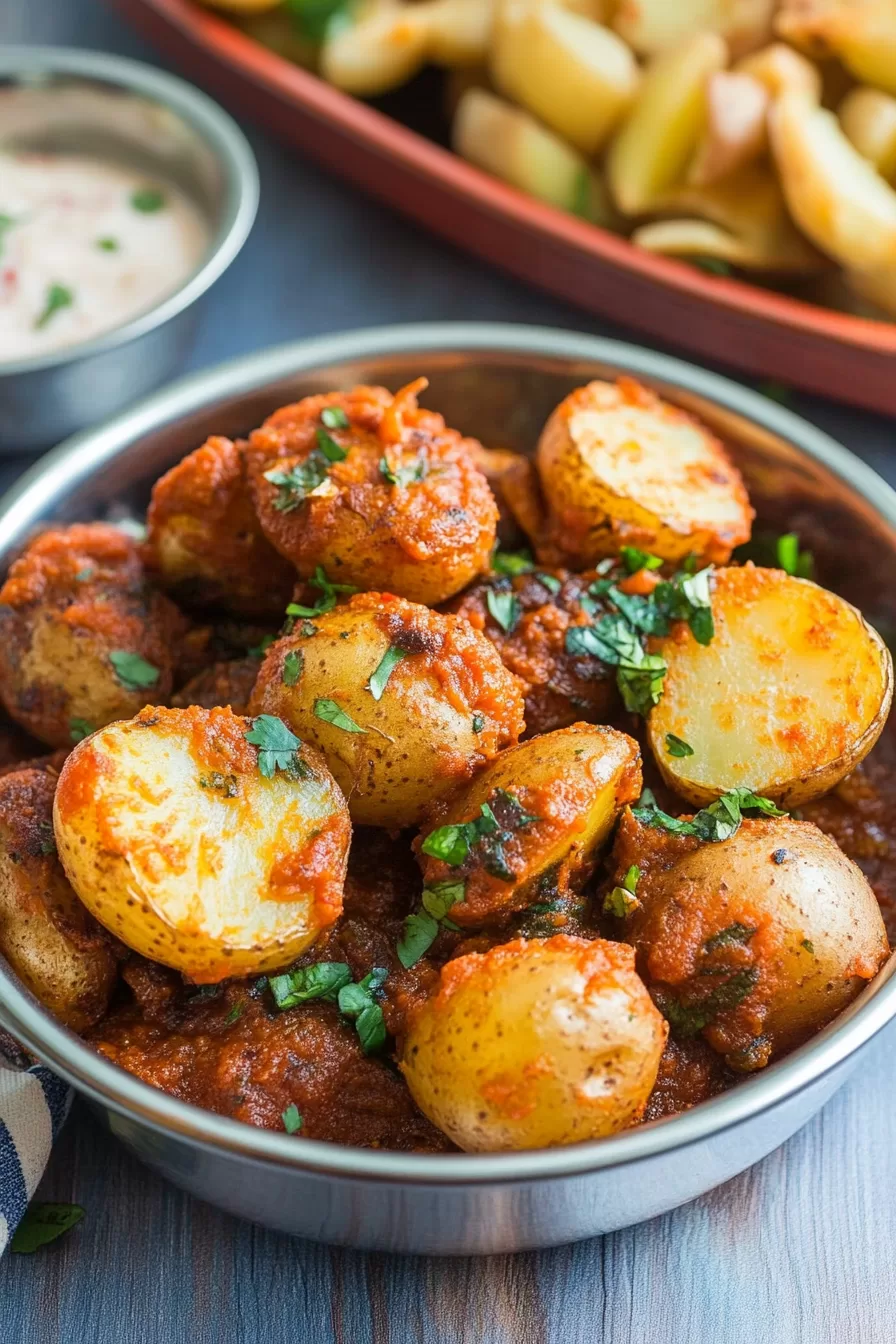 Close-up of golden potatoes tossed in aromatic spices and herbs.