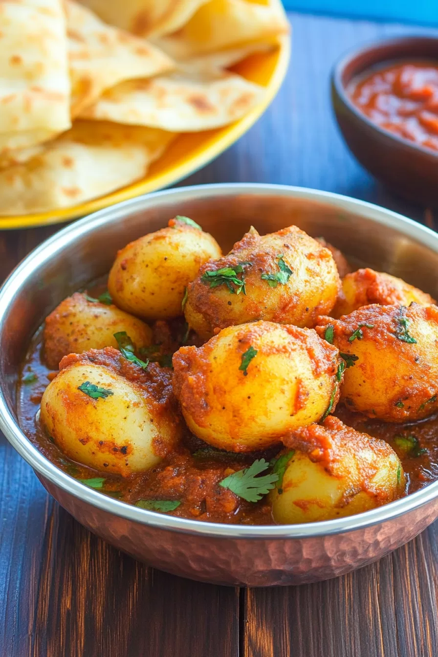 Top-down view of a flavorful potato dish with vibrant colors and spices.