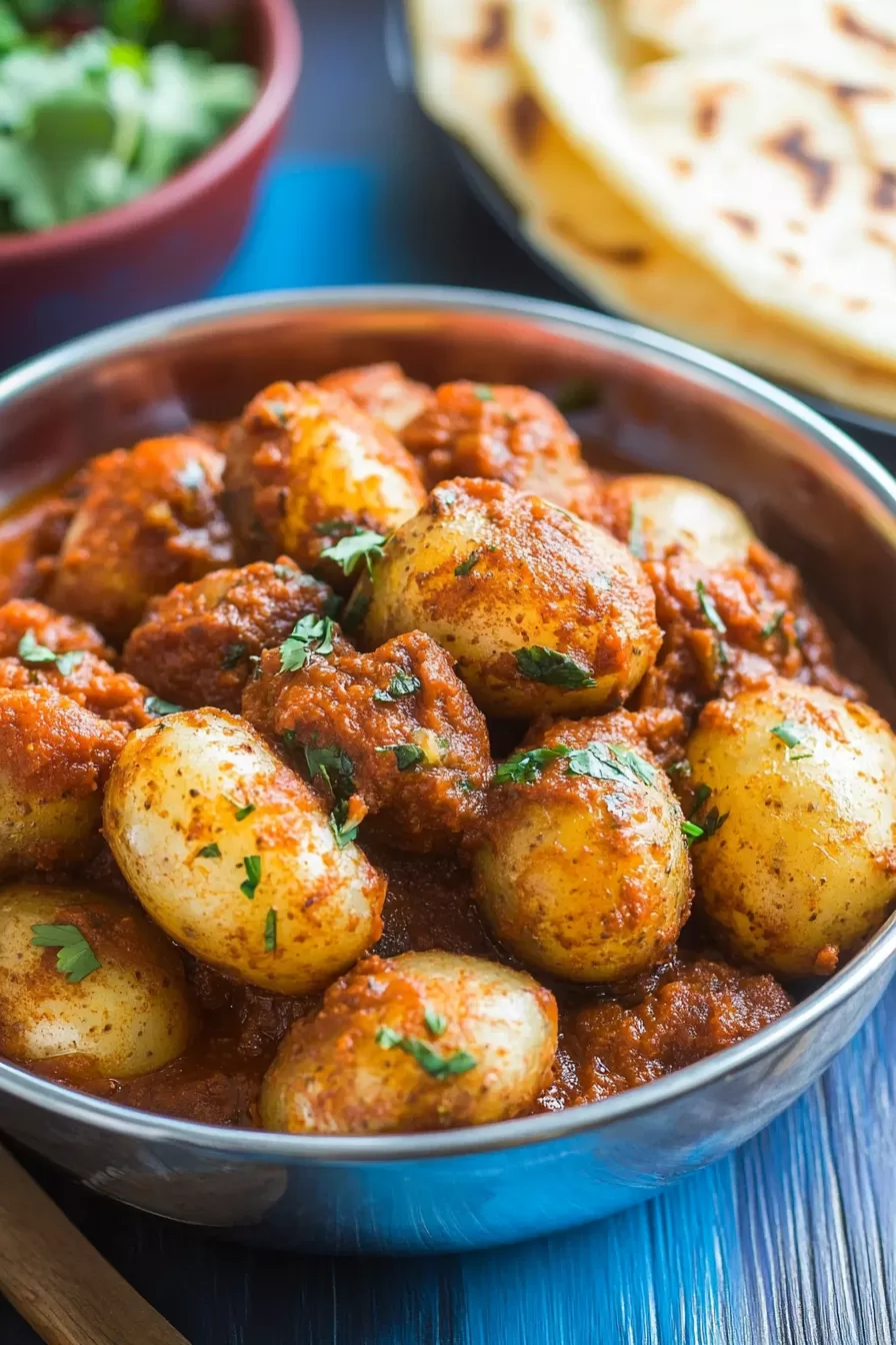 Serving of crispy potatoes coated in spices and garnished with fresh herbs.