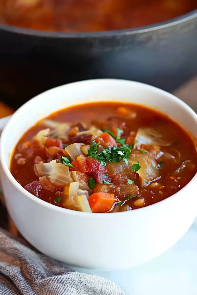 A hearty bowl of vegetable-packed soup with vibrant chunks of tomatoes and carrots, topped with fresh parsley.