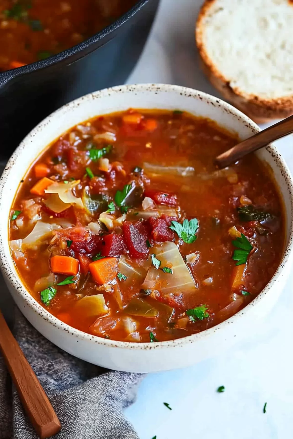 A comforting, rustic soup served in a white bowl, paired with crusty bread for dipping.