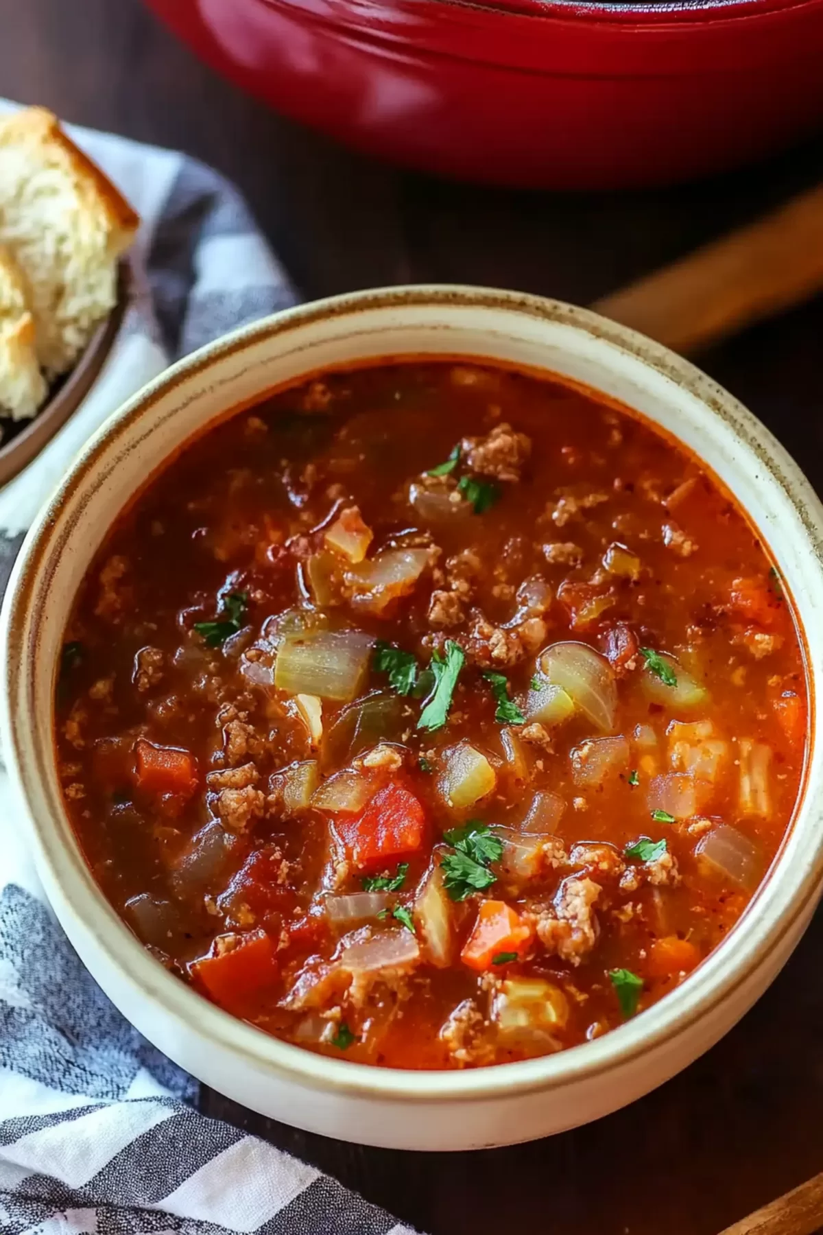 A rich and colorful stew of vegetables and broth garnished with freshly chopped herbs.