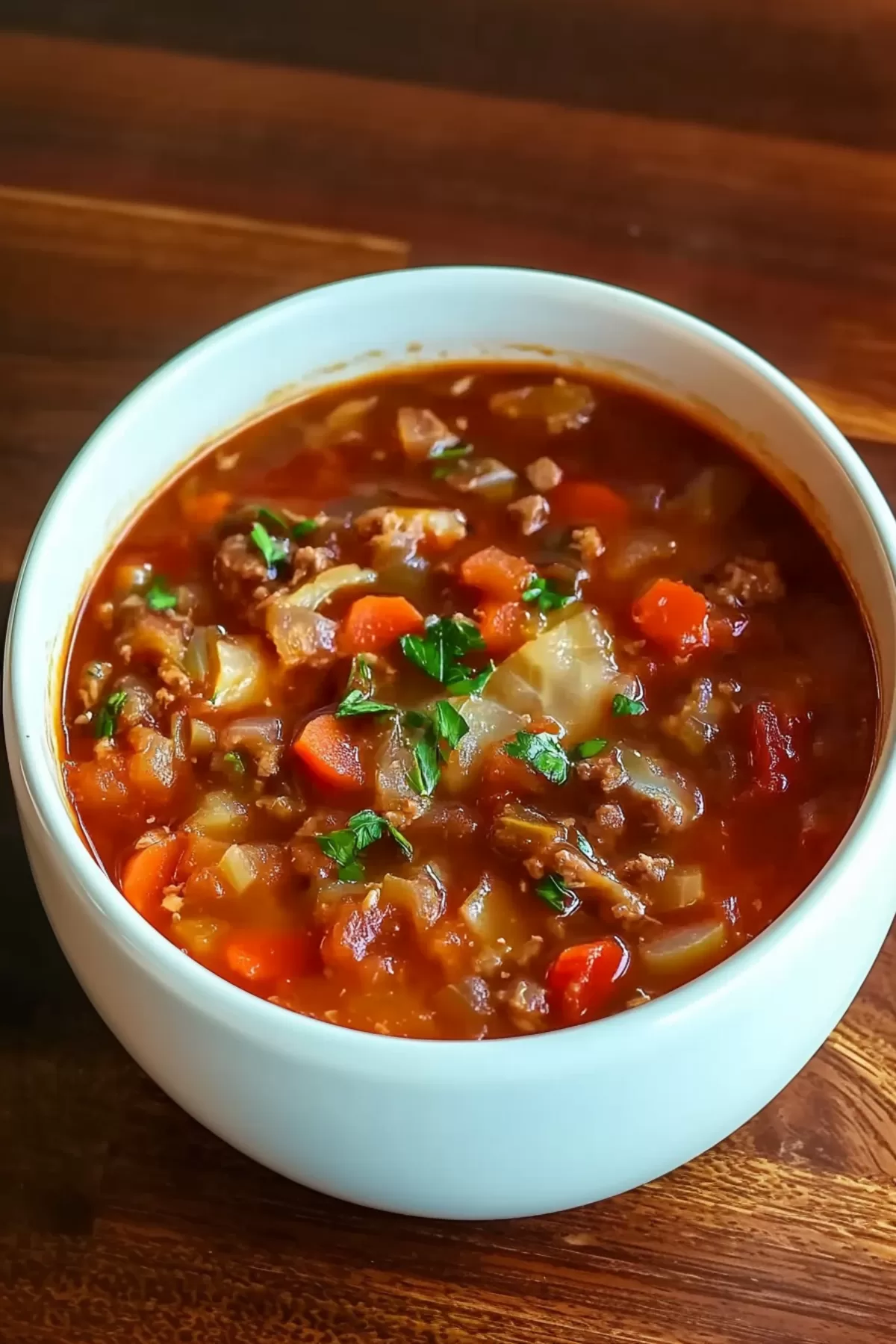 An inviting bowl of homemade soup showcasing tender cabbage and flavorful tomato-based broth.