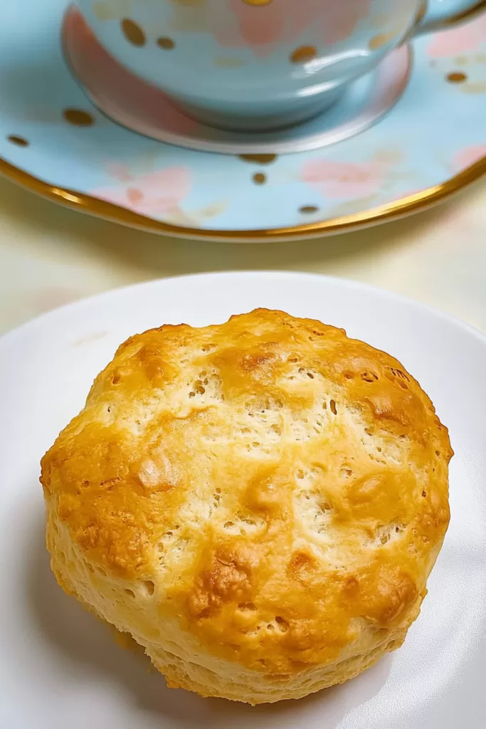 A perfectly golden-brown biscuit served on a dainty plate with a floral teacup in the background.