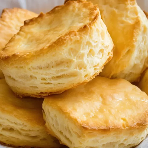 A close-up of flaky, buttery biscuits stacked on a linen napkin, highlighting their golden layers.