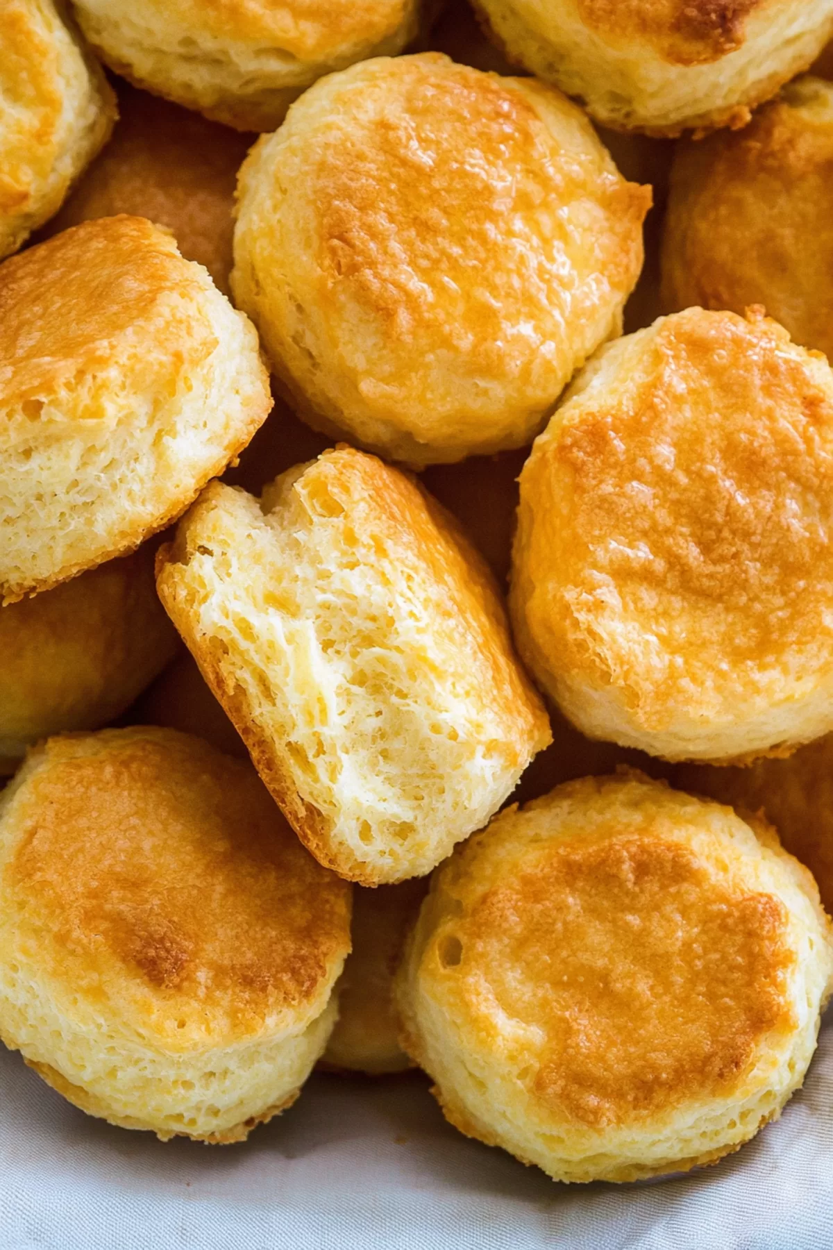 An assortment of warm biscuits with a soft, fluffy interior and crisp golden tops.