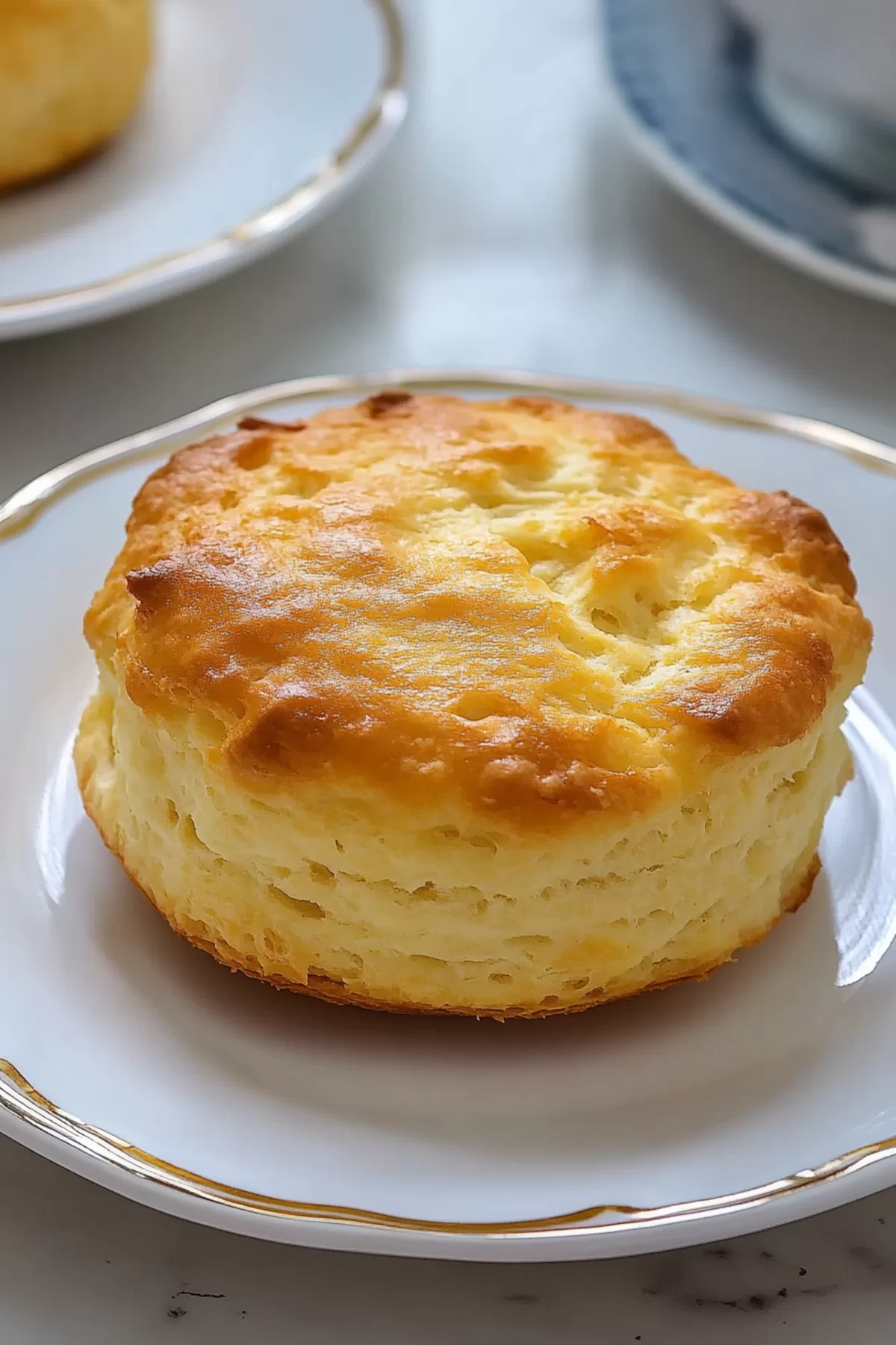 A golden biscuit, showcasing its light, fluffy texture and buttery shine.