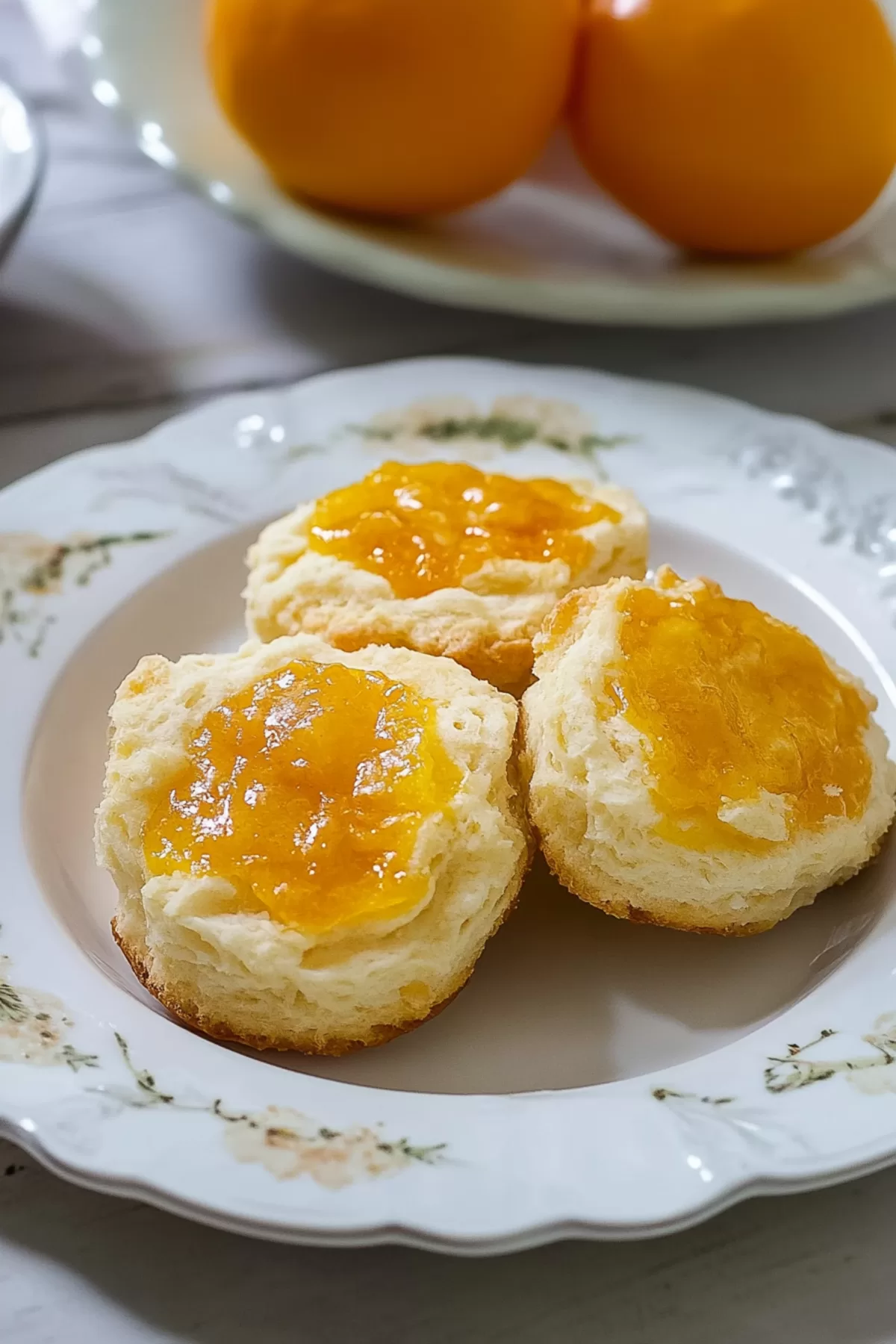 Three airy biscuits topped with a dollop of orange marmalade, set on a vintage floral plate.