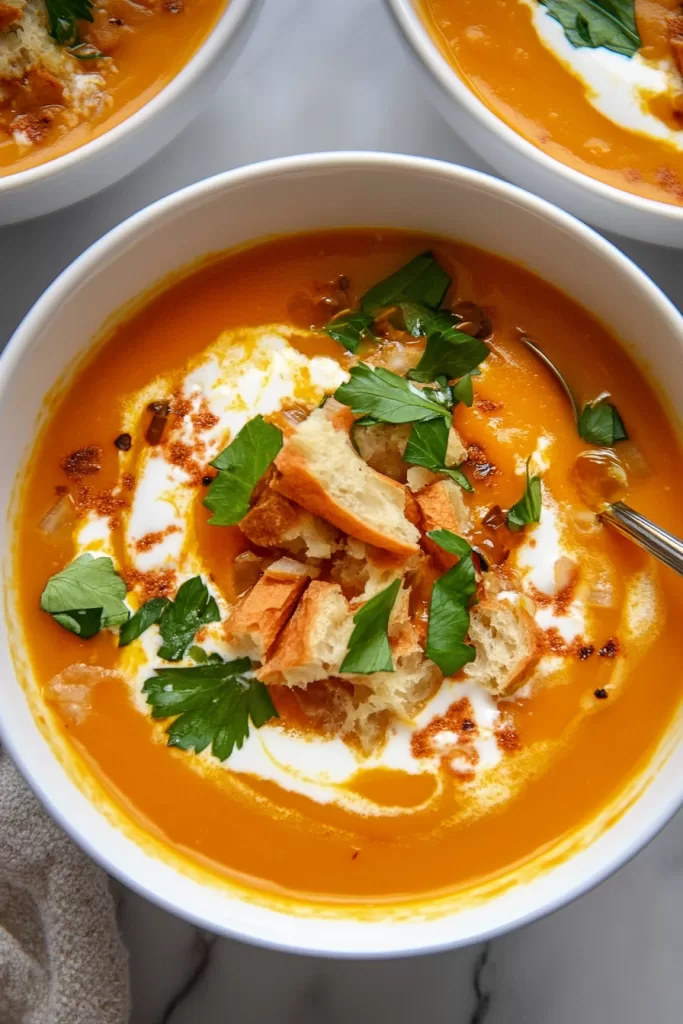 A close-up of a creamy orange soup garnished with crispy croutons and fresh parsley.