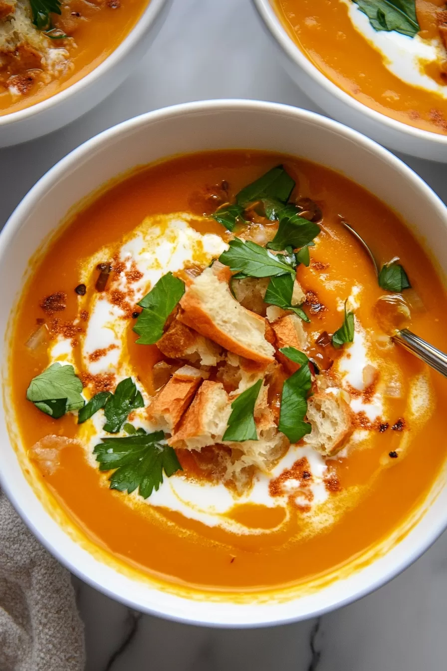 A close-up of a creamy orange soup garnished with crispy croutons and fresh parsley.