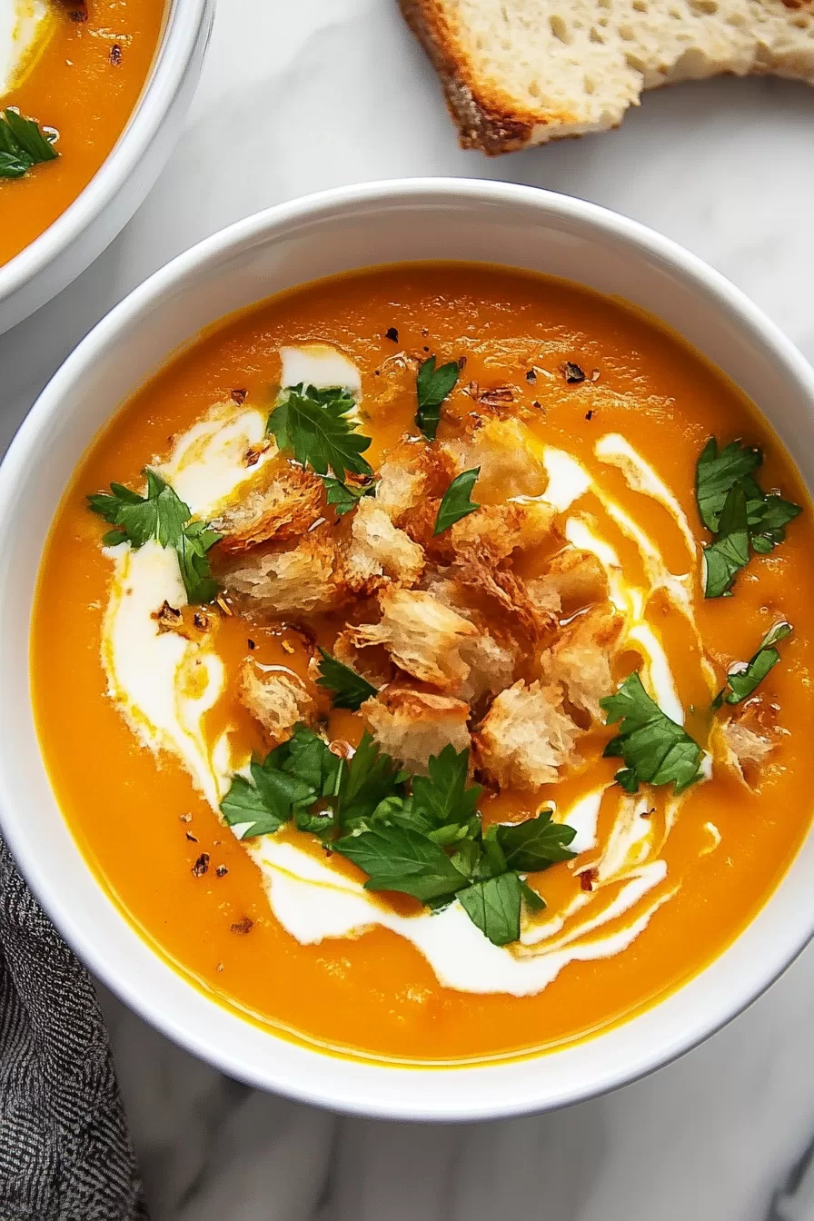 A bowl of smooth, vibrant soup topped with a swirl of cream and toasted bread chunks.