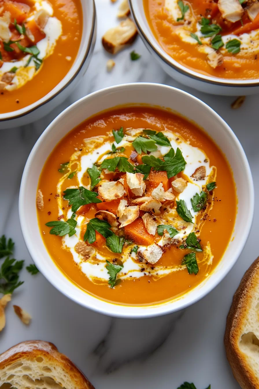 A serving of hearty, thick soup, highlighted with green herbs and crunchy toppings.