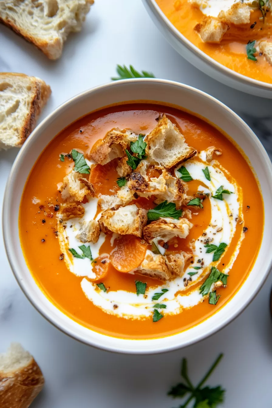 A cozy dinner setup featuring a steaming bowl of soup and a side of fresh bread.