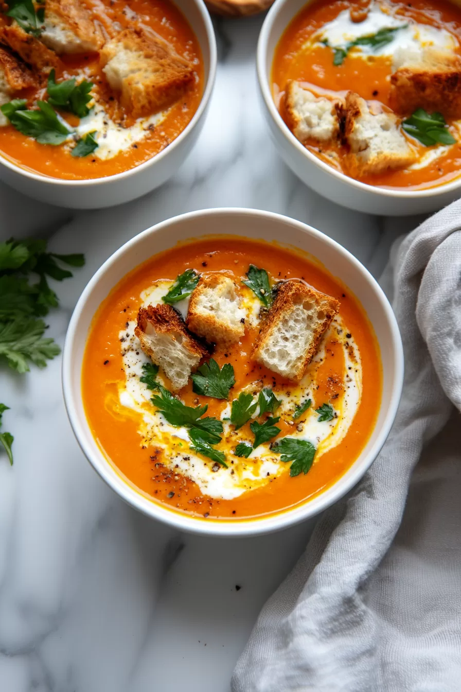 Multiple bowls of richly colored soup displayed on a marble countertop, ready to serve.