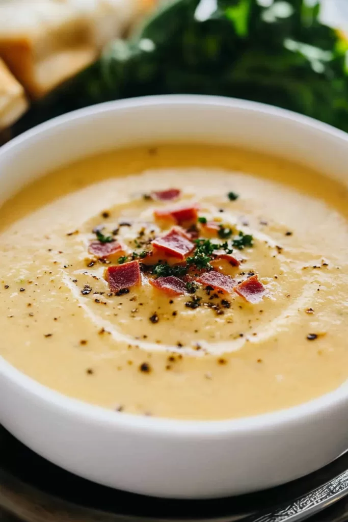 Close-up of smooth and rich soup with a golden cheesy garnish and a sprinkle of herbs.