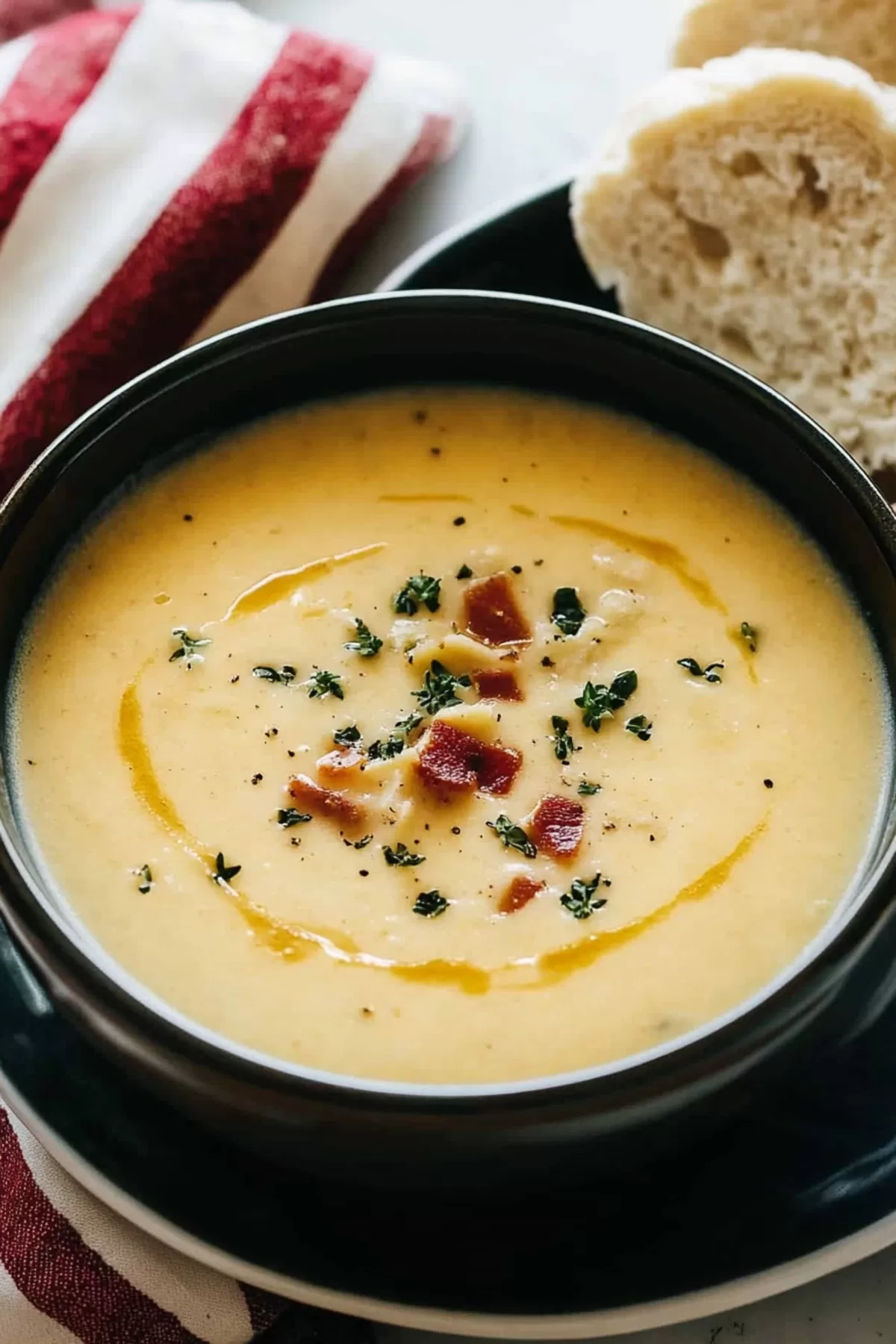 A steaming bowl of soup paired with a slice of crusty bread for dipping.