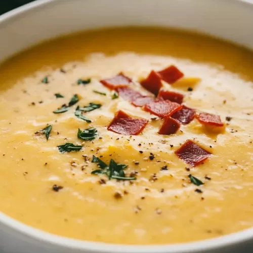 A creamy bowl of soup topped with shredded cheese and freshly chopped parsley.