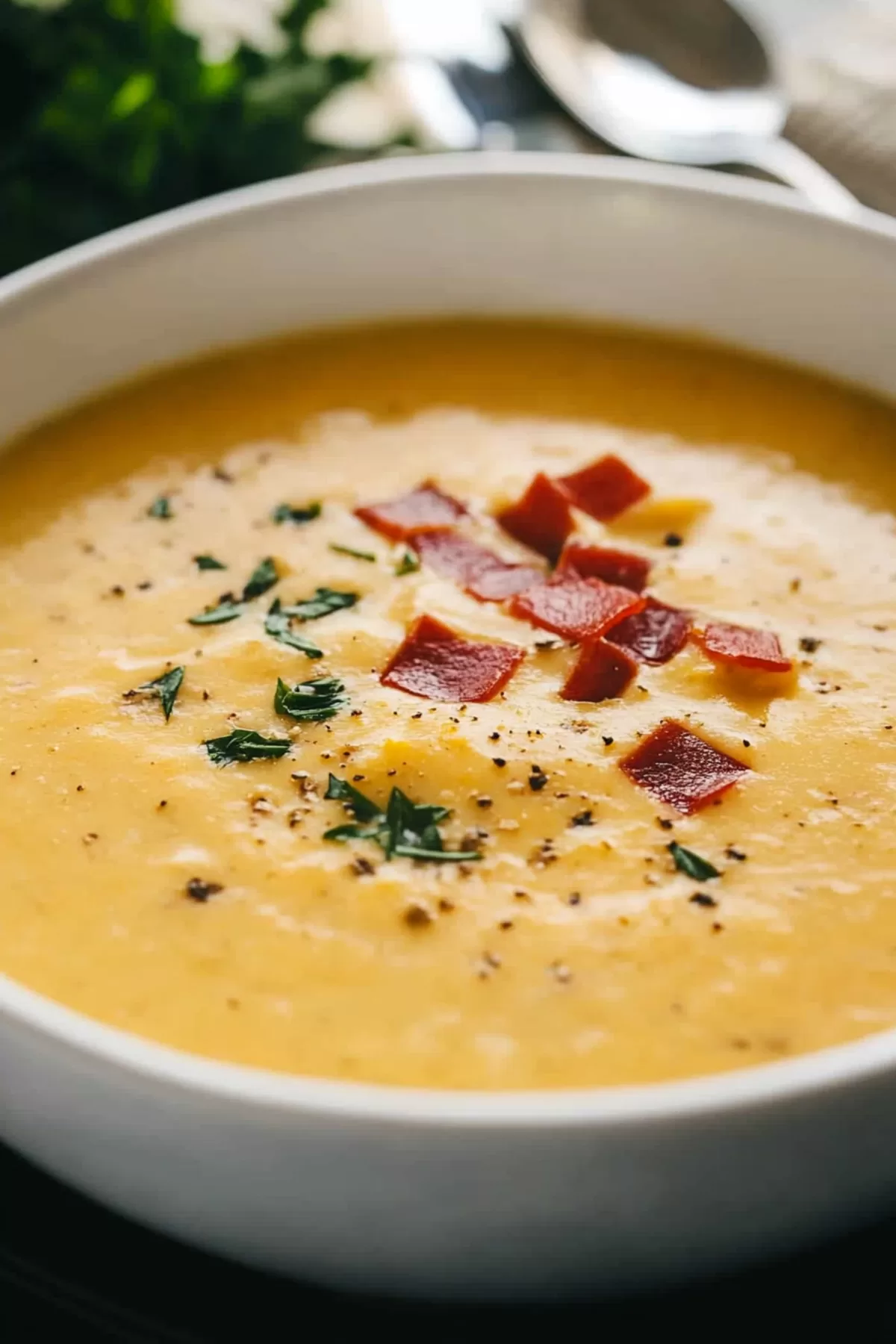 A creamy bowl of soup topped with shredded cheese and freshly chopped parsley.