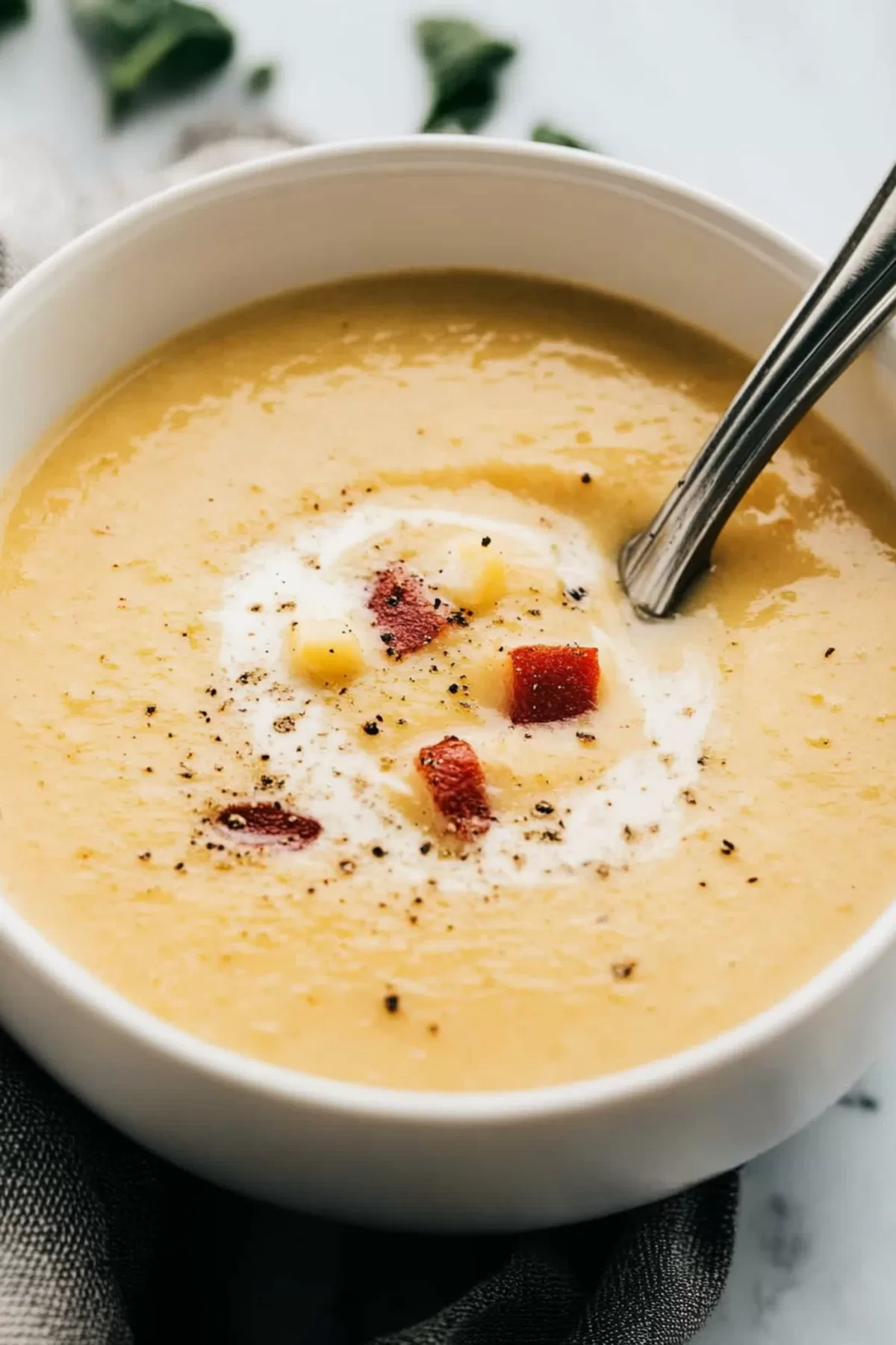 Velvety soup in a ceramic bowl, highlighted by melted cheese and a touch of freshly ground black pepper.