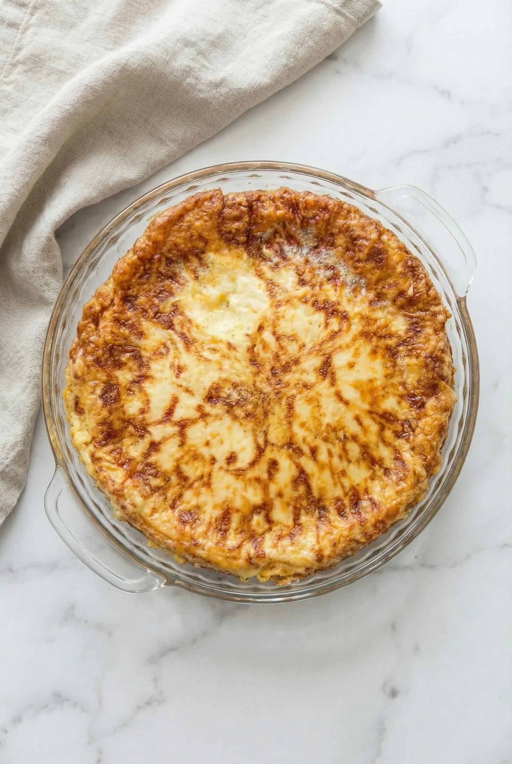 Golden baked cheese pie fresh from the oven in a glass pie dish