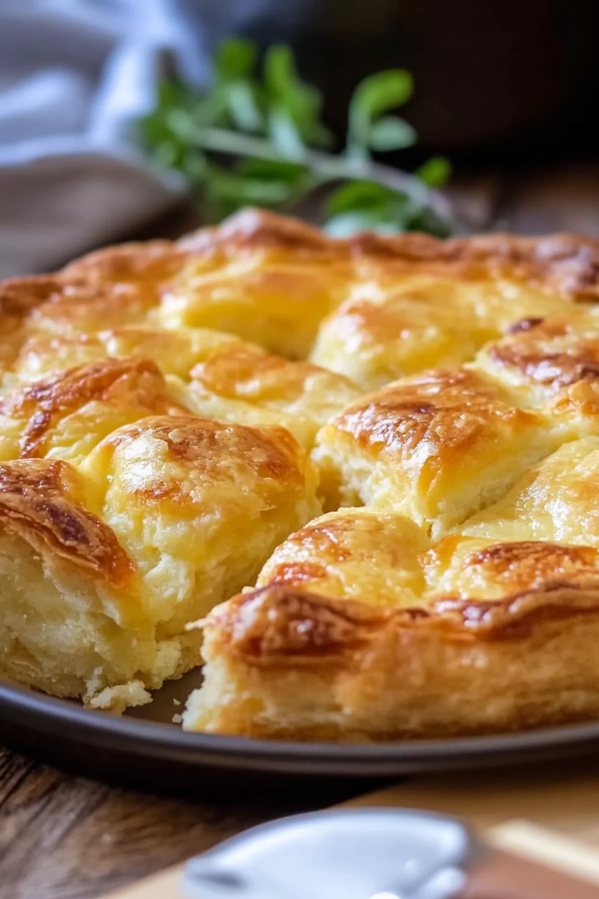 A rustic cheese-filled pie garnished with fresh herbs for a flavorful touch.