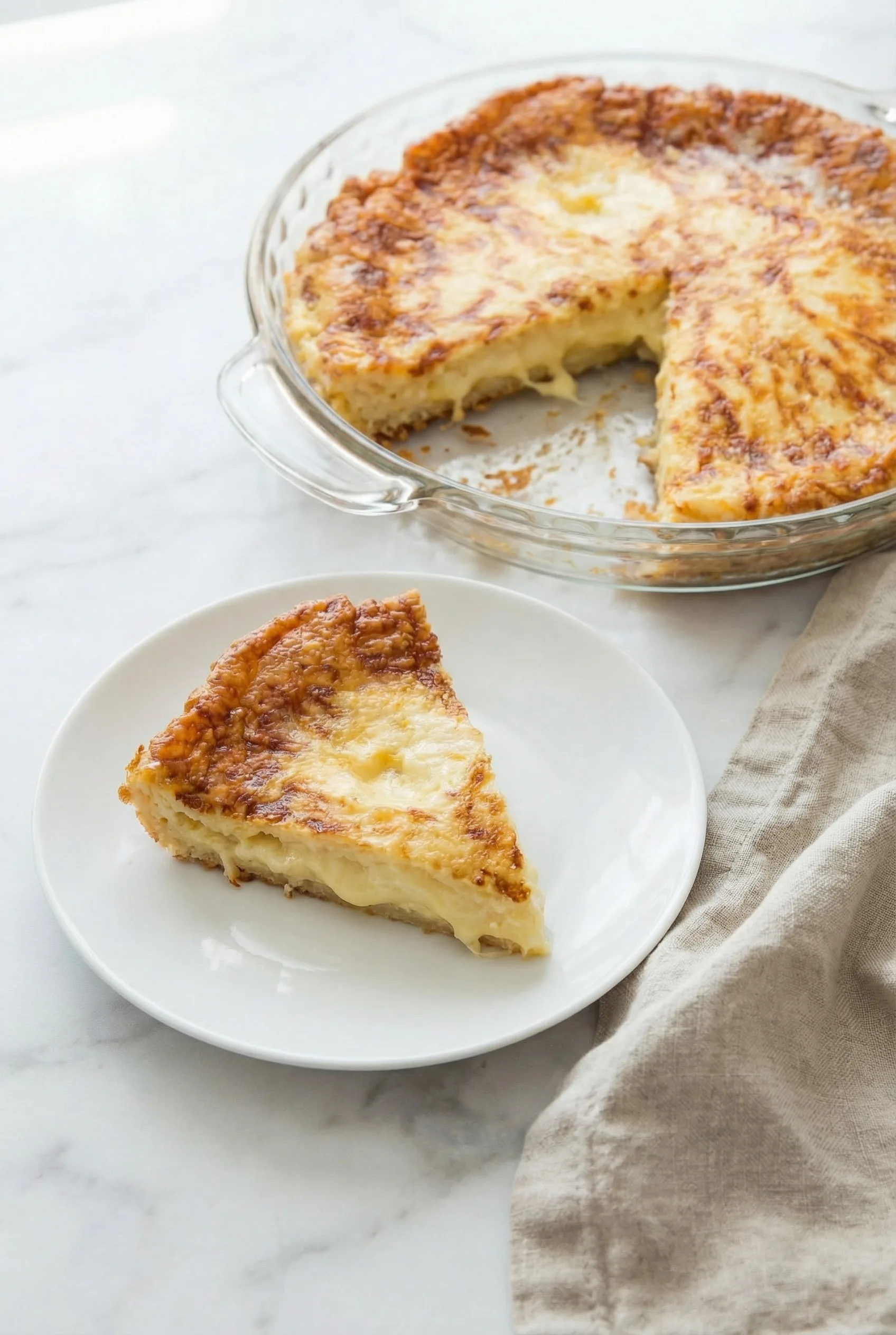 Single slice of cheese pie served on a white plate with a tender, cheesy center