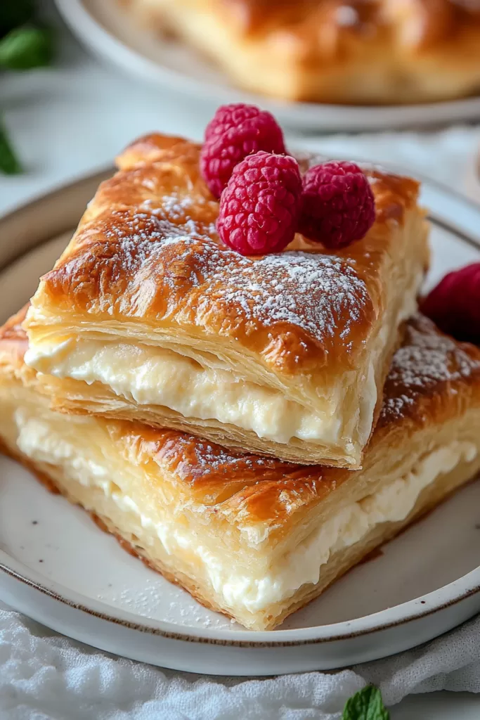 Golden, flaky crescent rolls with a creamy filling, baked to perfection and dusted with powdered sugar.