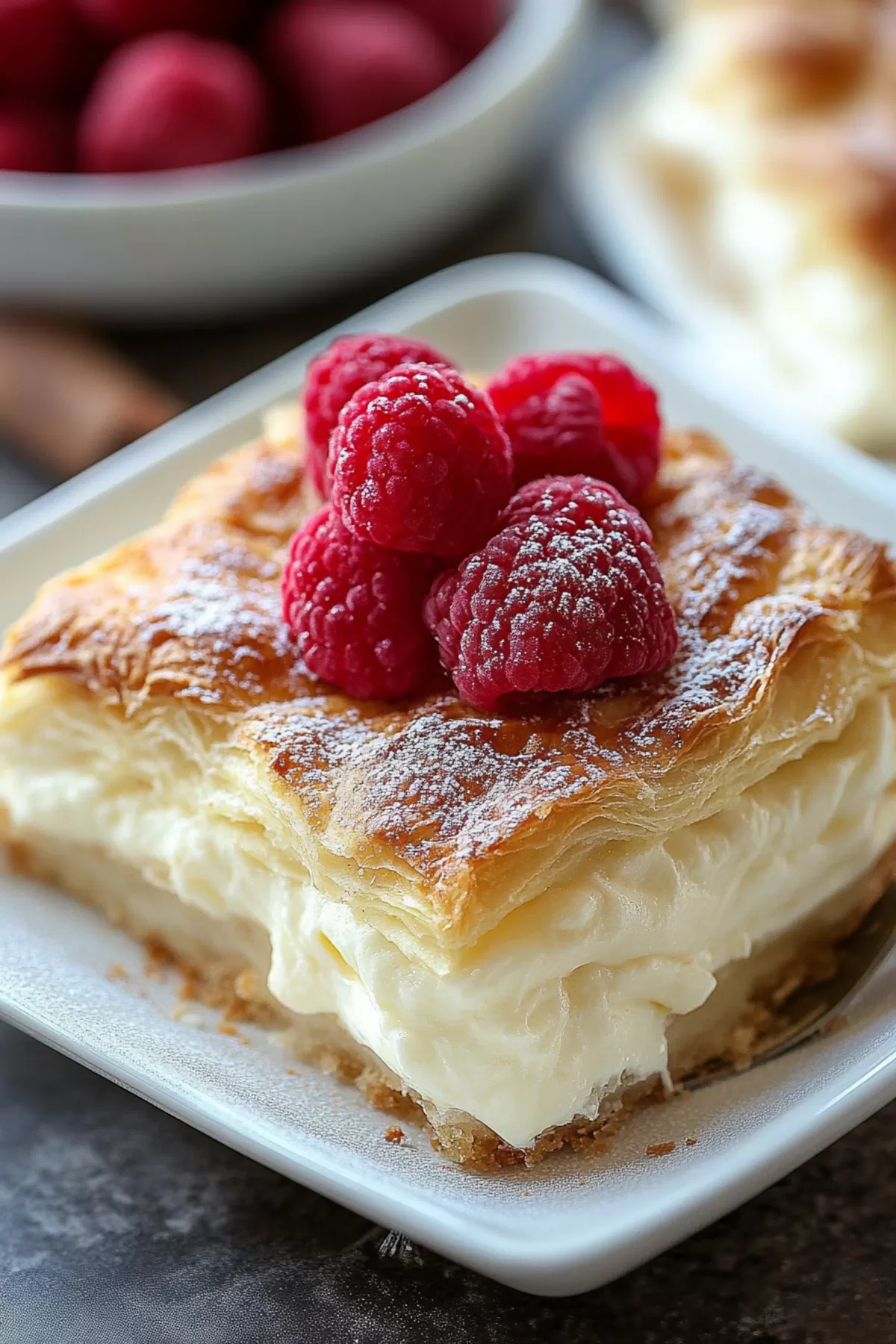 A slice of sweet and creamy dessert casserole with buttery layers and a soft texture.