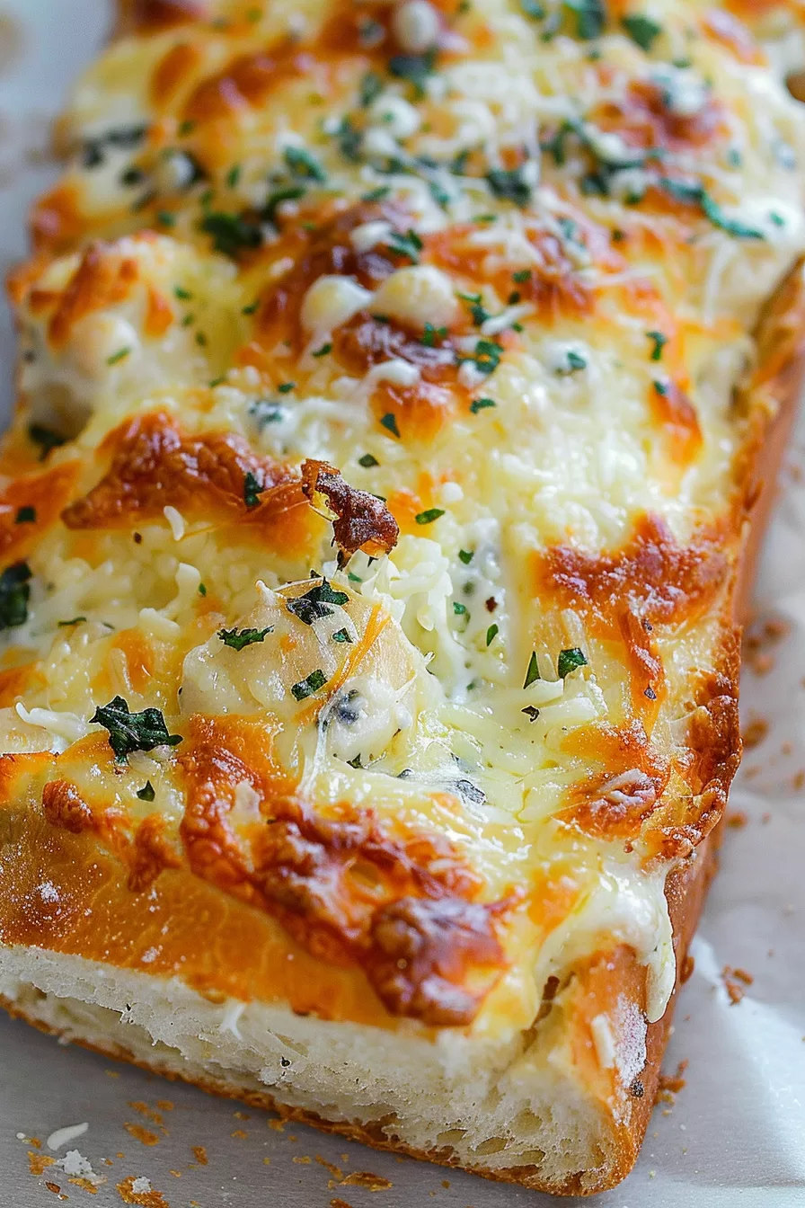 Close-up of gooey melted cheese layered over a slice of garlic-toasted bread.