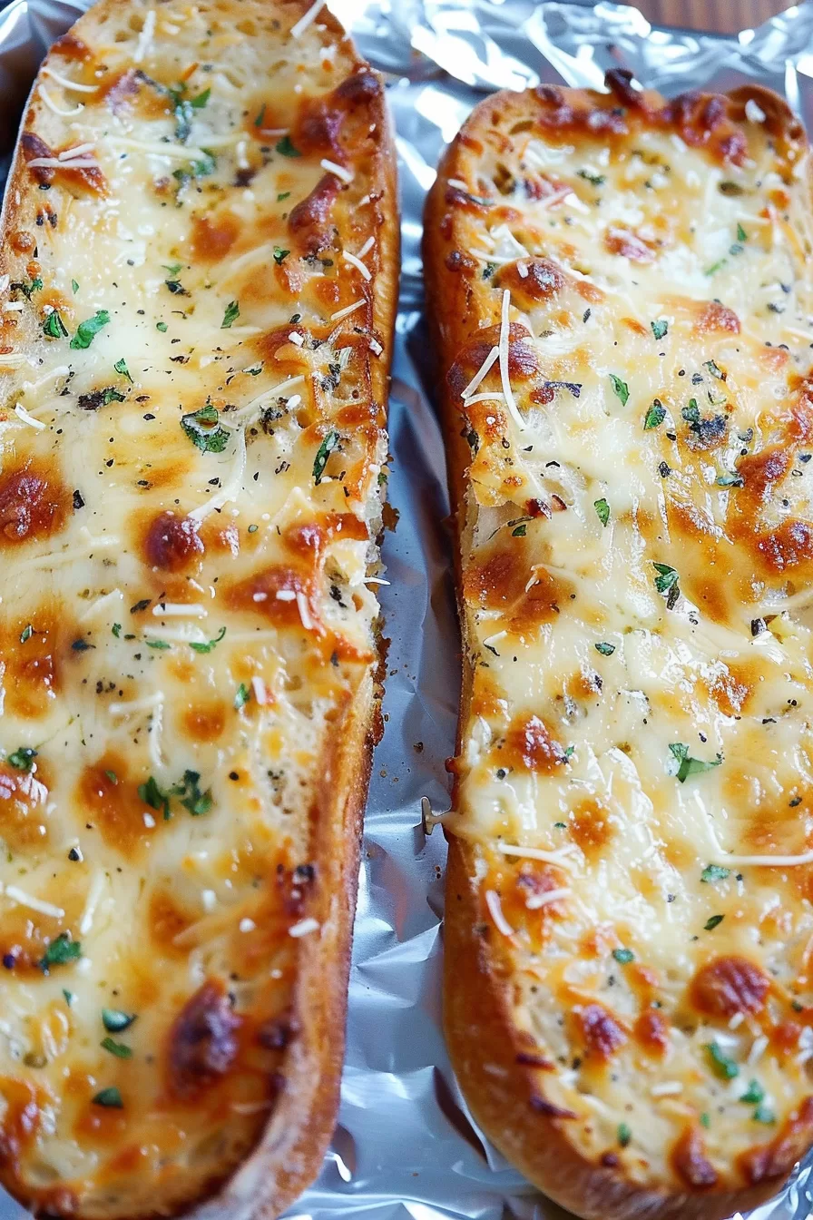 Golden-brown bread with melted cheese and a sprinkle of fresh herbs, ready to serve.