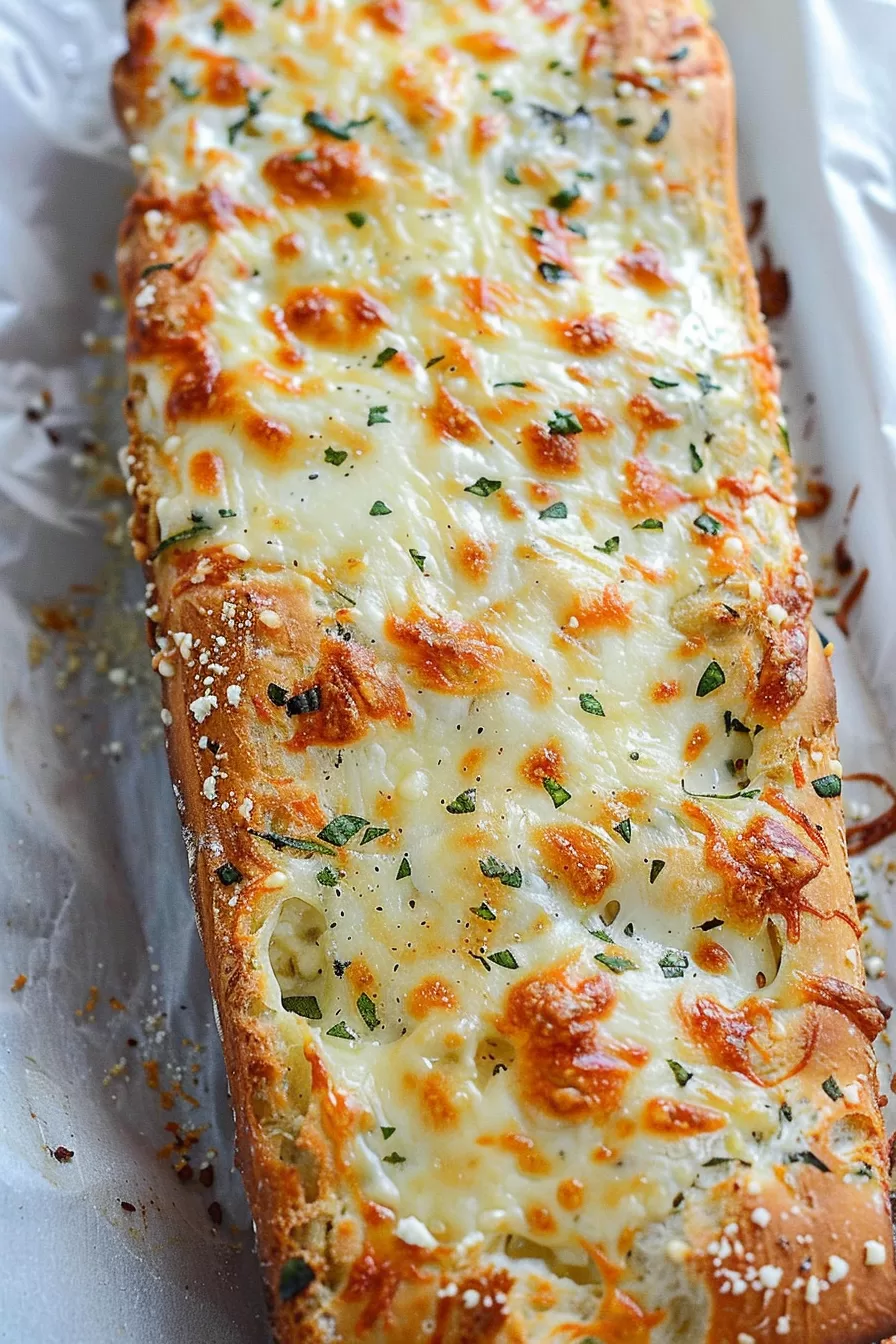 Top-down view of toasted bread slices covered in melted cheese, fresh out of the oven.