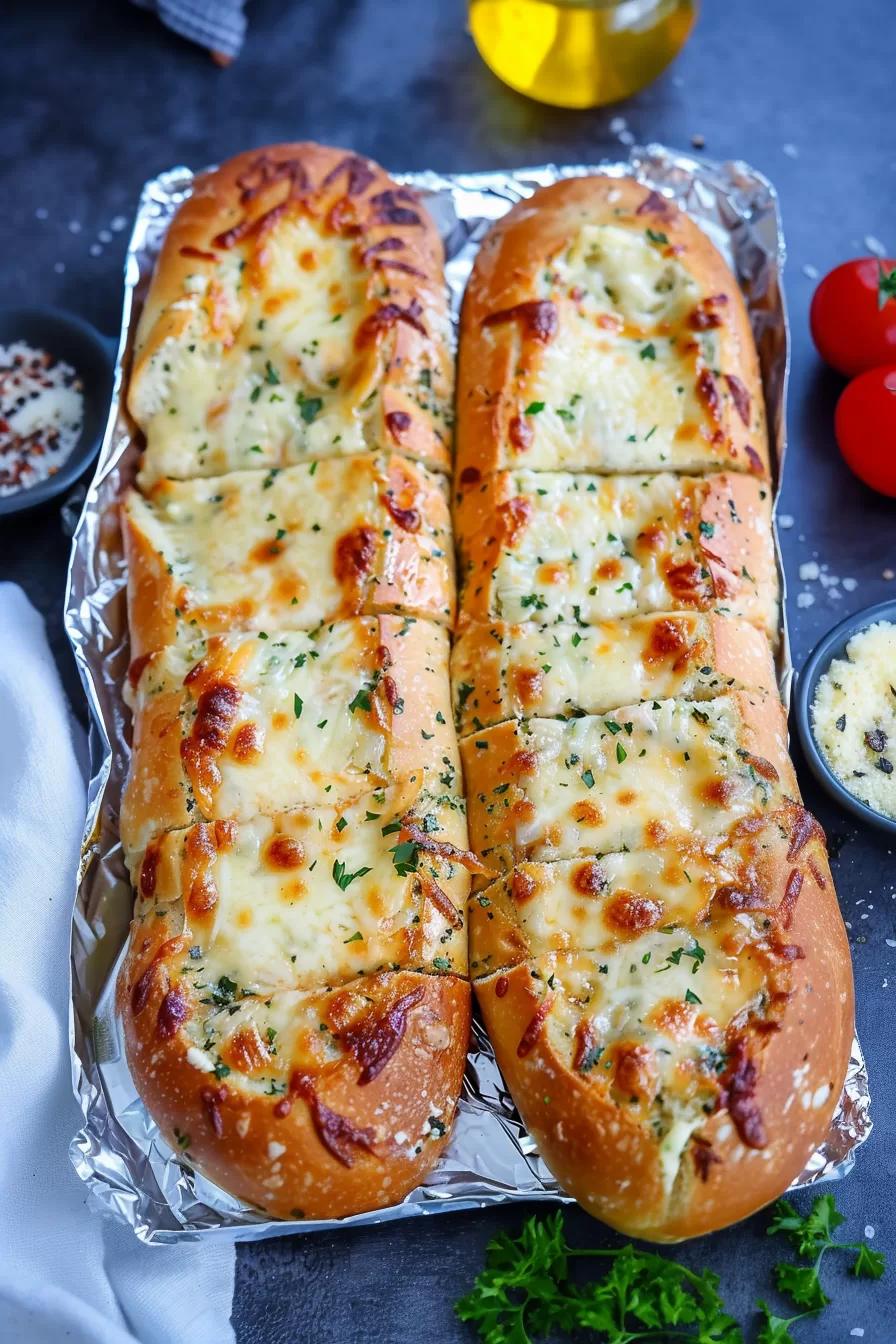 Sliced garlic bread with a crispy crust and soft, cheesy center on a serving board.