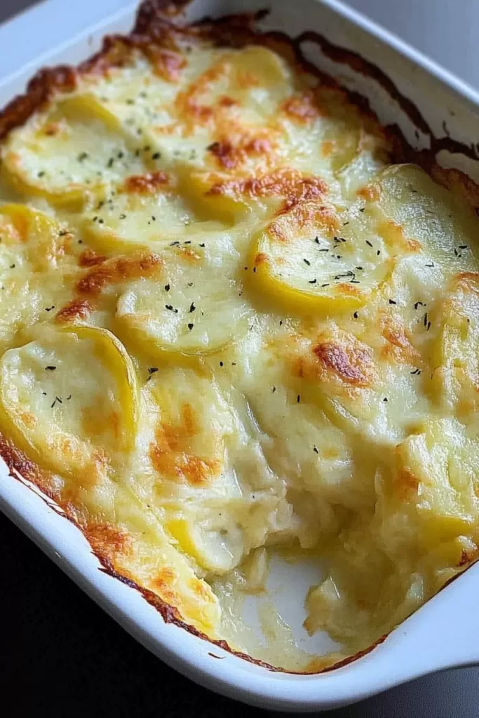 Close-up view of a creamy and cheesy potato casserole with a golden crust.