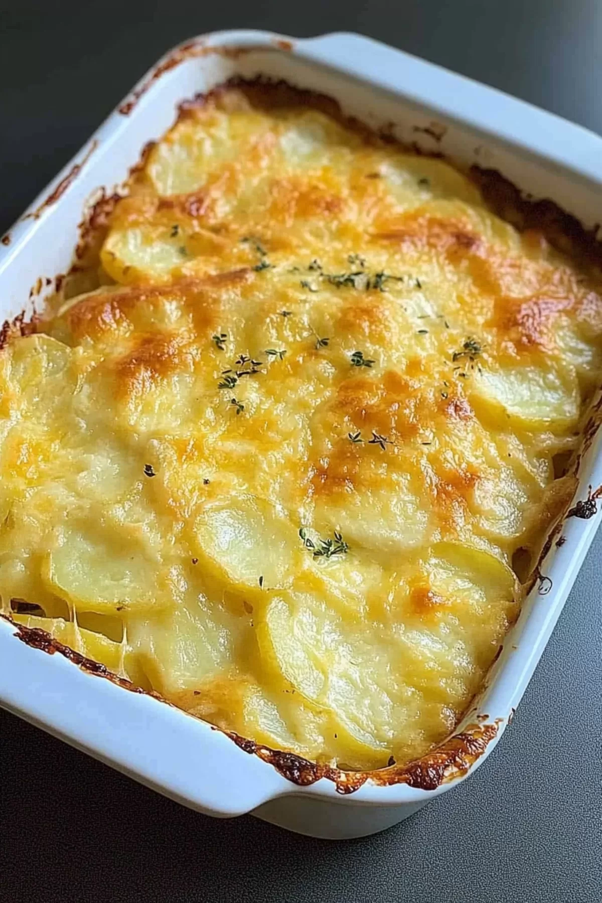 A golden, bubbly dish of cheesy potato bake, perfectly browned on top and garnished with fresh herbs.