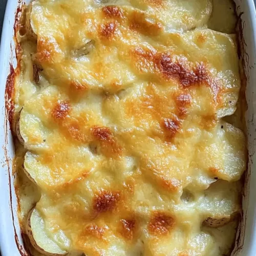 A creamy potato bake being served from a casserole dish, showcasing its gooey texture.