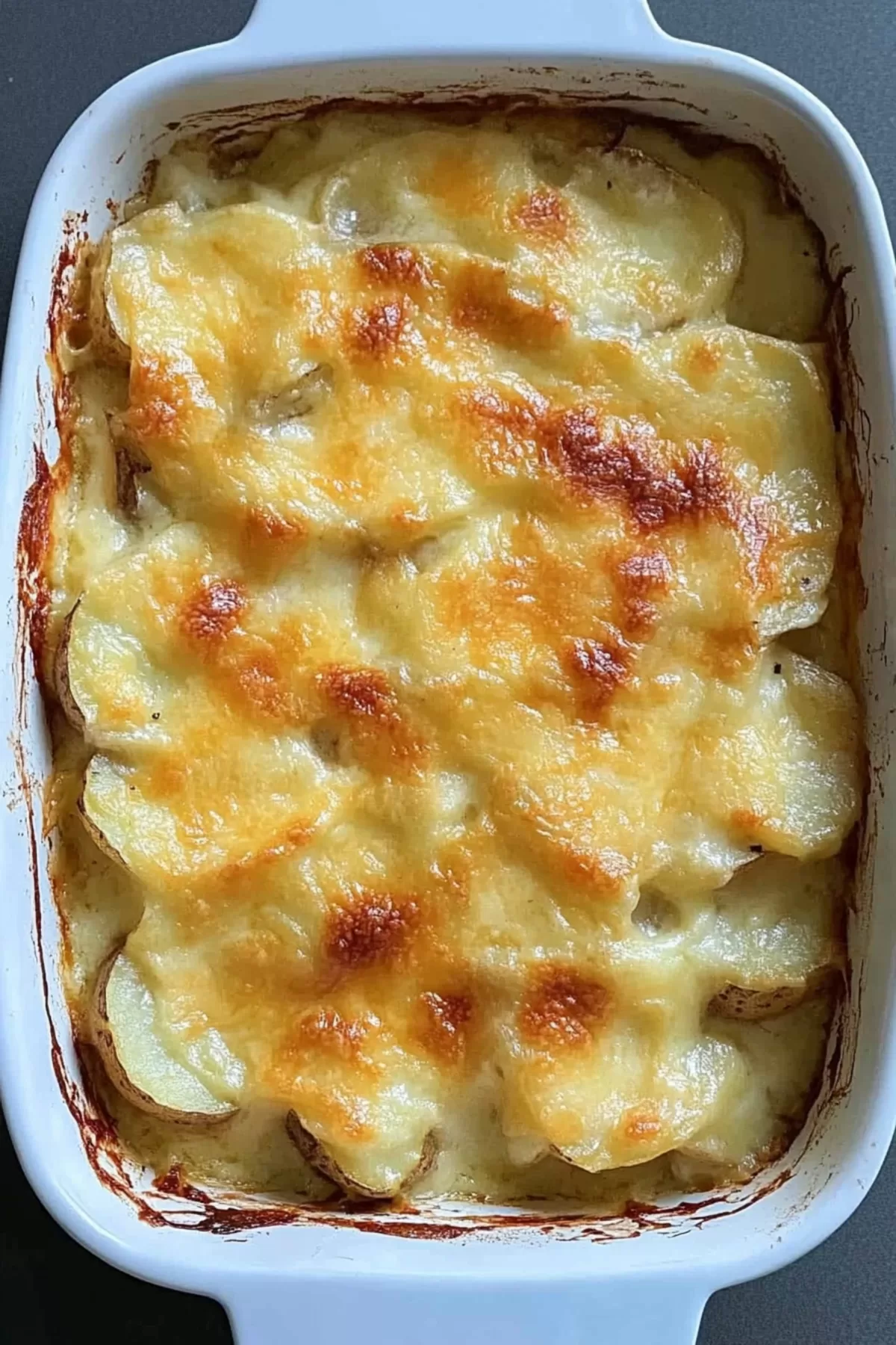 A creamy potato bake being served from a casserole dish, showcasing its gooey texture.