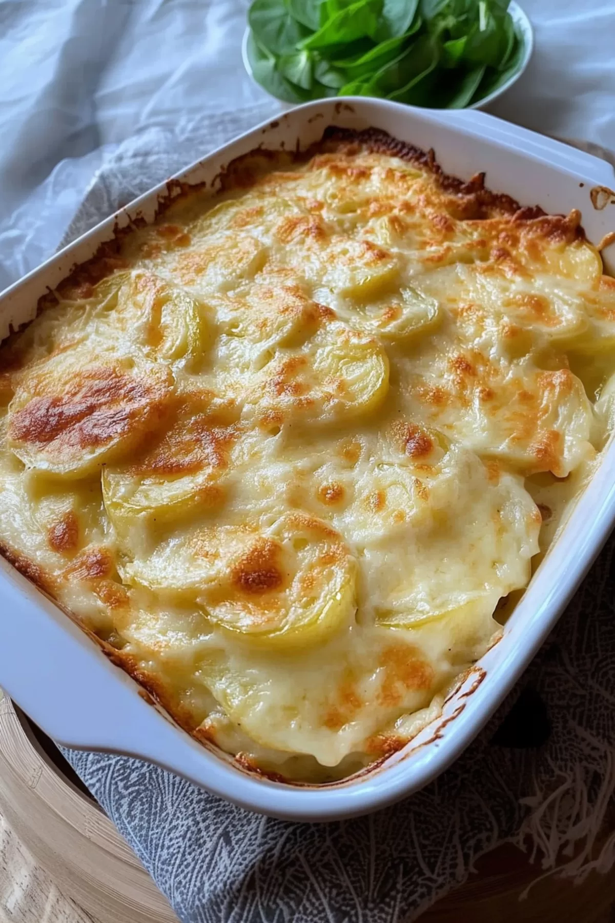 Freshly baked cheesy potato dish with layers of tender potatoes and melted cheese.