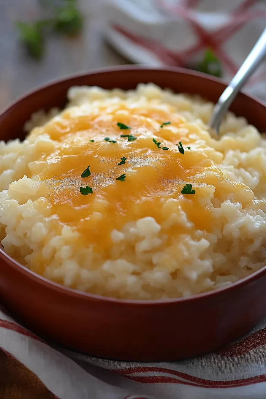 A bowl of creamy rice topped with melted cheese and sprinkled with fresh herbs.