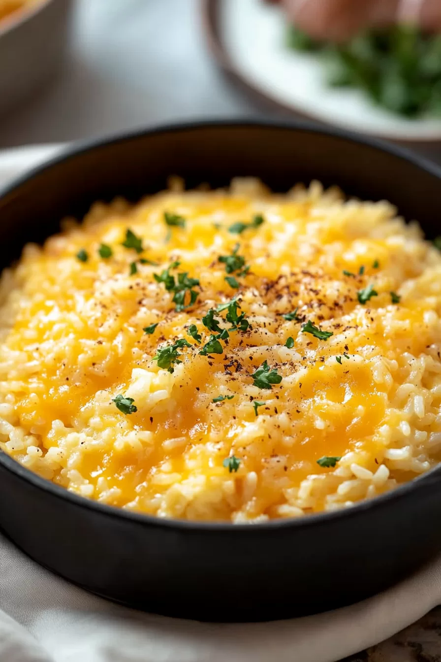 Close-up of warm, cheesy rice with a golden, gooey cheese layer on top.