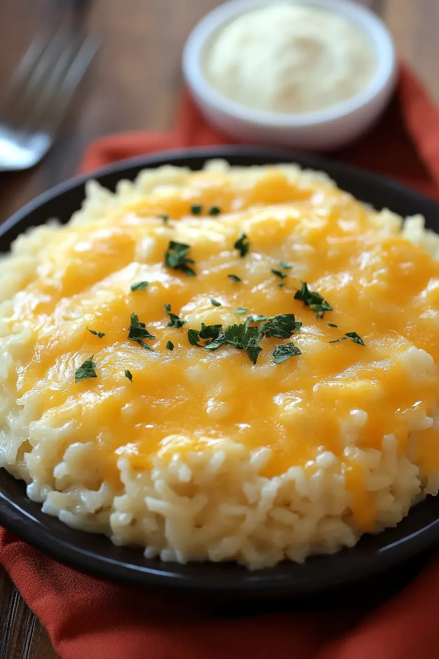 Serving of rice with a rich, melted cheese topping, perfect for a comforting side dish.