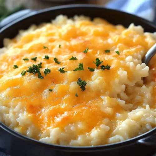 Smooth and creamy rice with a generous layer of melted cheese, garnished with herbs.