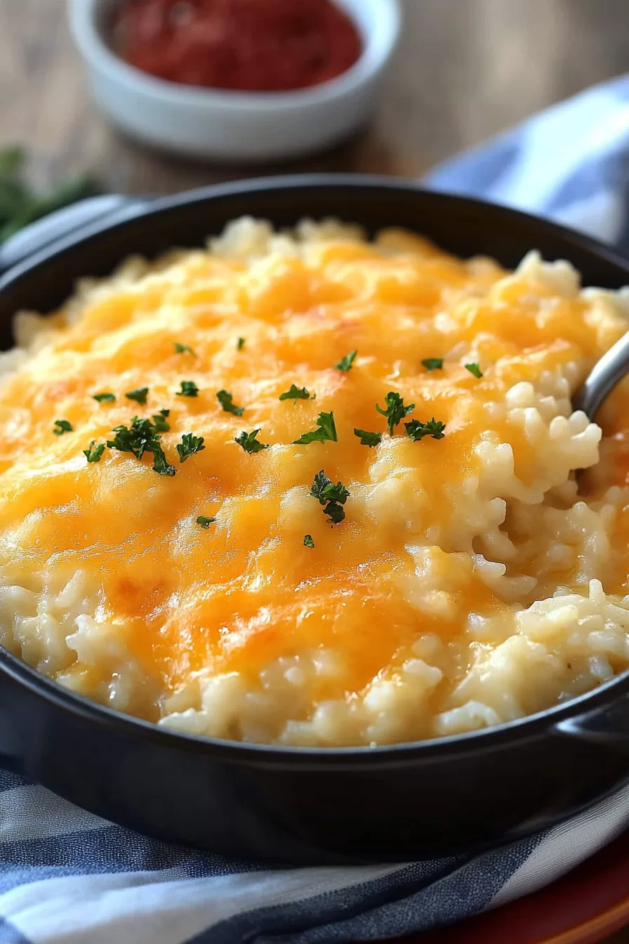 Smooth and creamy rice with a generous layer of melted cheese, garnished with herbs.