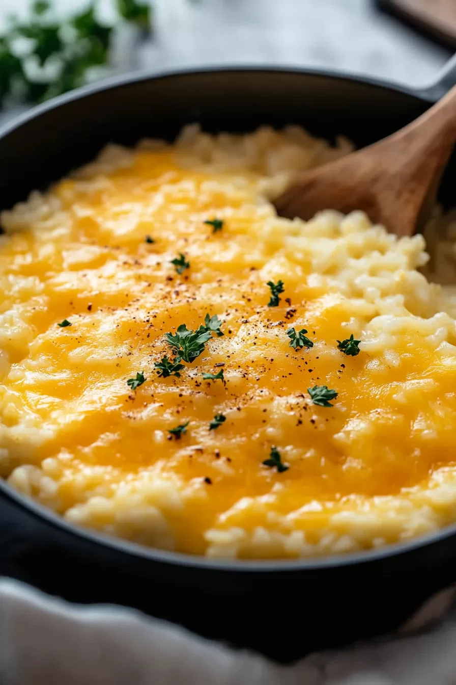 A spoonful of tender rice covered in a delicious, melted cheese sauce.