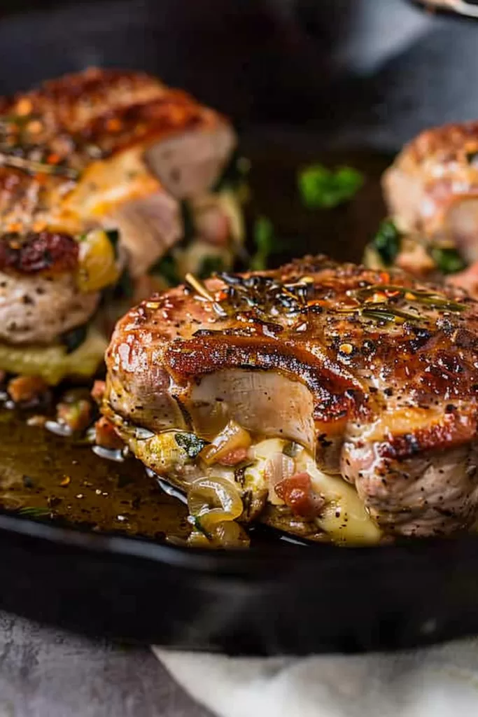 Close-up of juicy pork chops filled with melted cheese and herbs, perfectly golden on top.