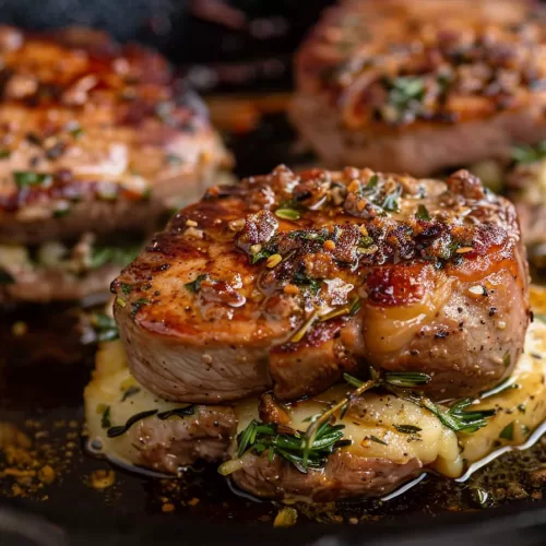 Stuffed pork chops on a plate, showcasing the rich cheese filling and crispy edges.